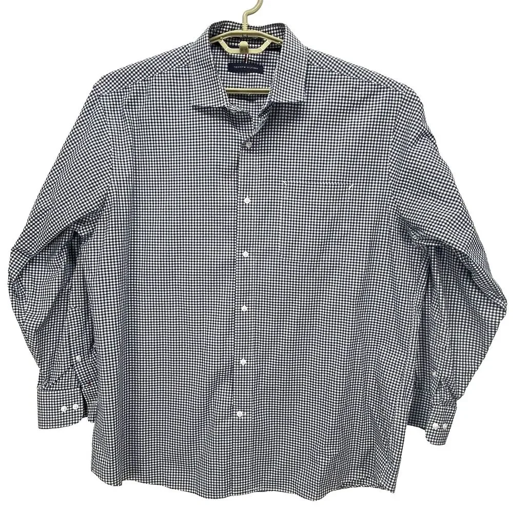 Tommy Hilfiger Dress Shirt Men's 17 34/35 Gingham Stretch Reg Fit Wrinkle Resist
